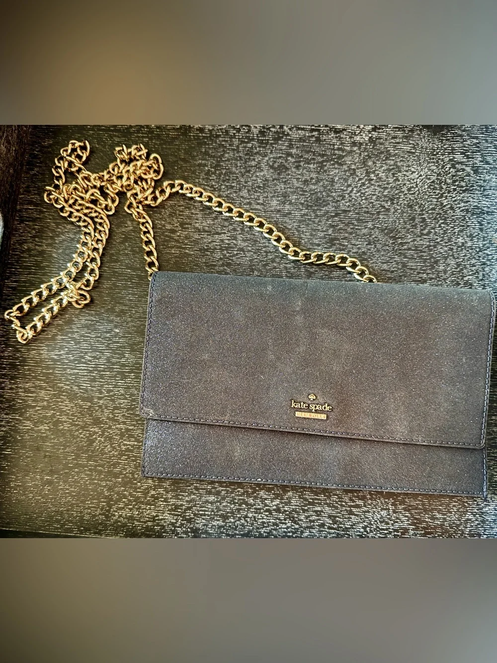 kate spade navy glitter flap clutch with gold chain